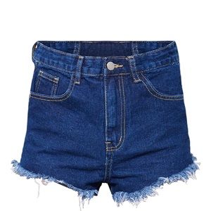 PRETTYLITTLETHING Dark Blue Wash Frayed Hem Denim Shorts